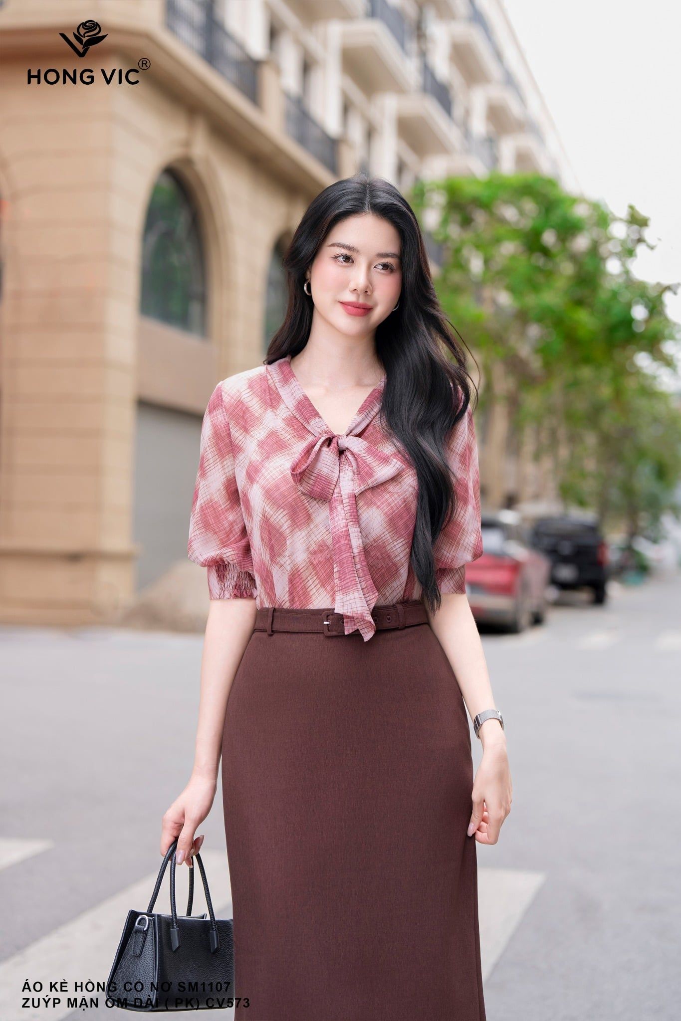 Áo kẻ hồng cổ nơ SM1107