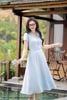 Đầm tơ xanh thiên thanh cổ V DL1096
