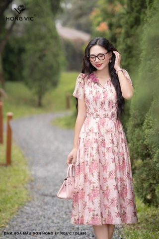 Đầm hoa mẫu đơn hồng ly ngực DL990