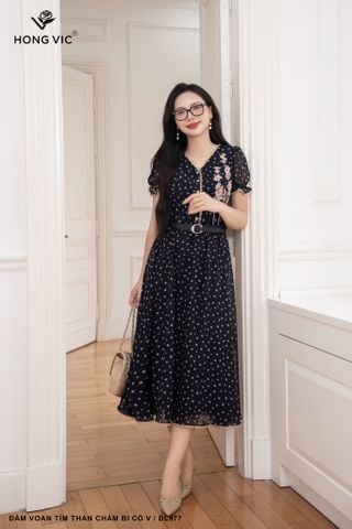 Đầm voan tím than chấm bi cổ V DL977
