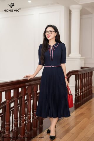 Đầm tím than phối kẻ đỏ dập ly DL998