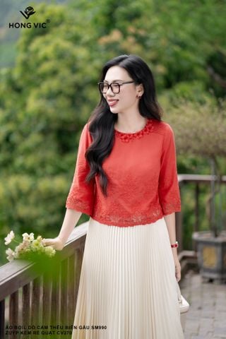 Áo boil đỏ cam thêu biên gấu SM990