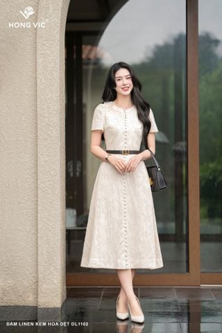 Đầm linen kem hoa dệt DL1102