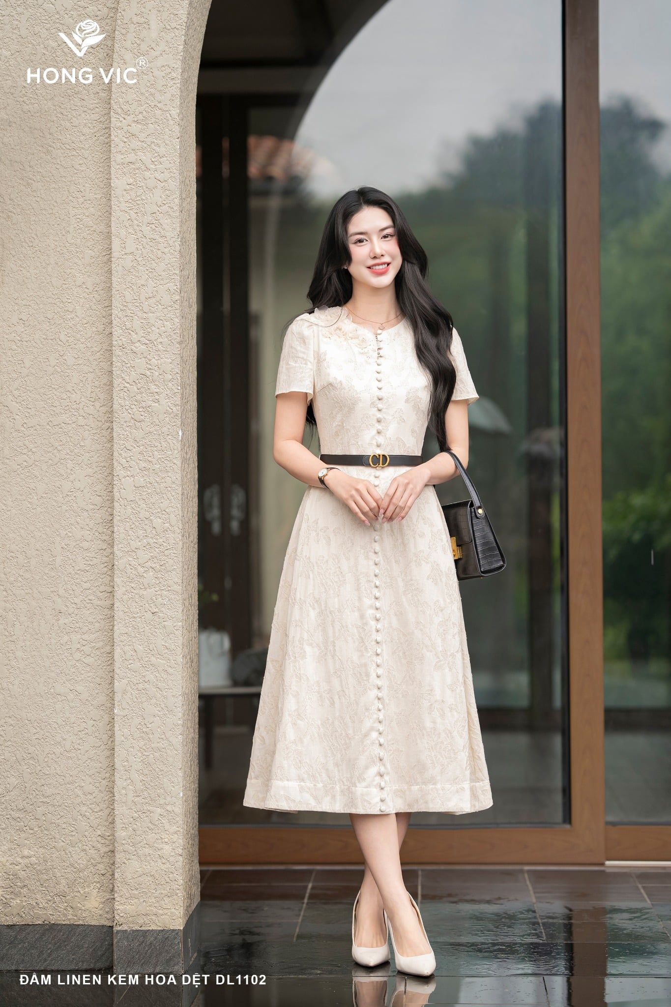 Đầm linen kem hoa dệt DL1102