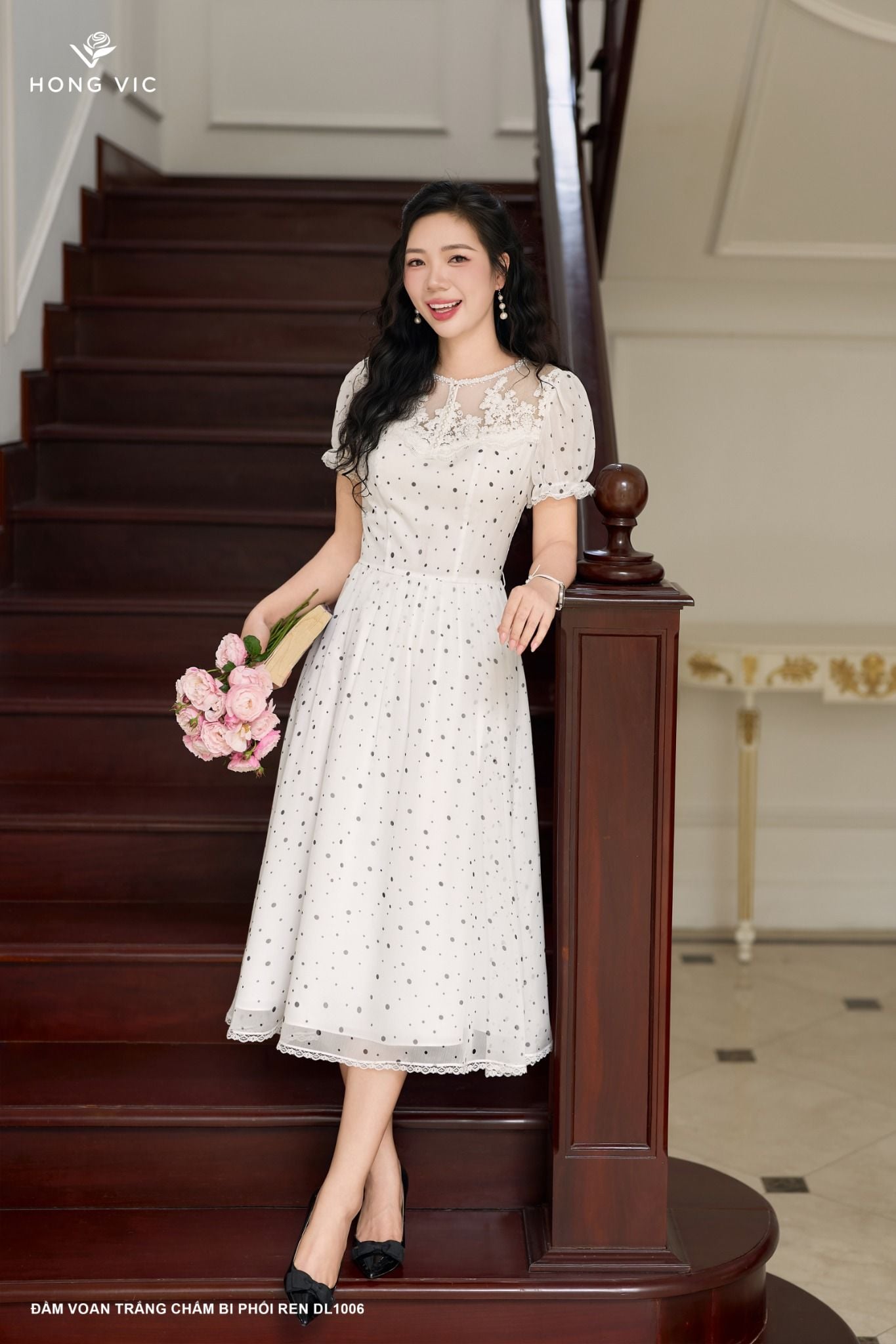 Đầm voan trắng chấm bi phối ren DL1006