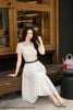 Đầm kem thêu hoa cổ sen tím DL1128