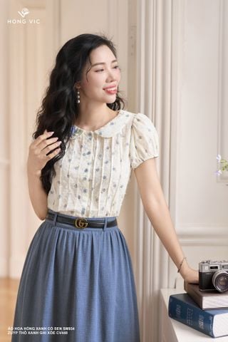 Áo hoa hồng xanh cổ sen SM934