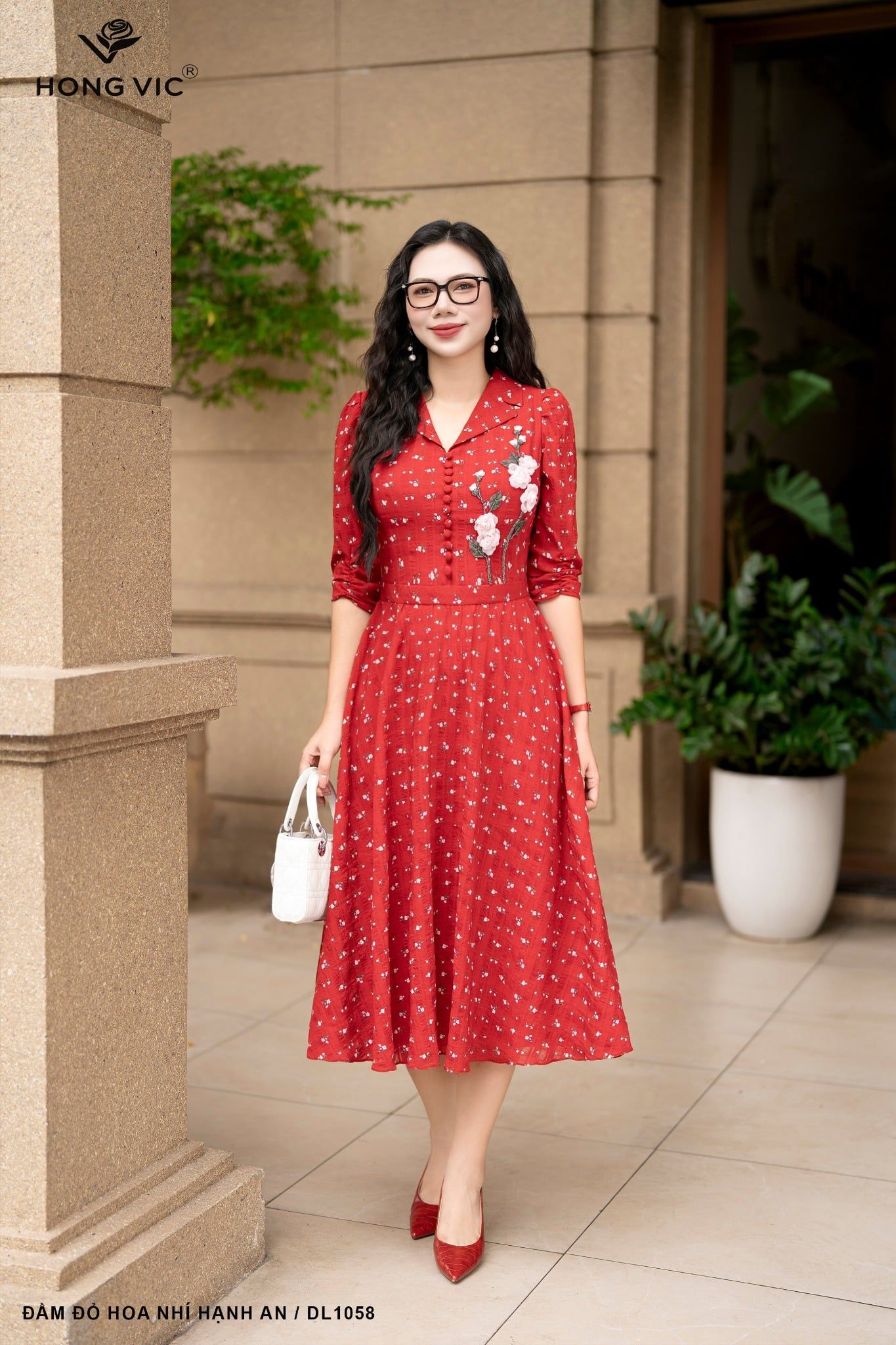 Đầm đỏ hoa nhí Hạnh An DL1058