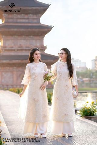Áo dài ren kem cổ tàu AD68