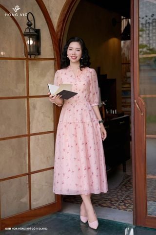 Đầm hoa hồng nhí cổ V DL1033