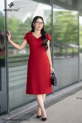 Đầm suông đỏ cổ V DL964