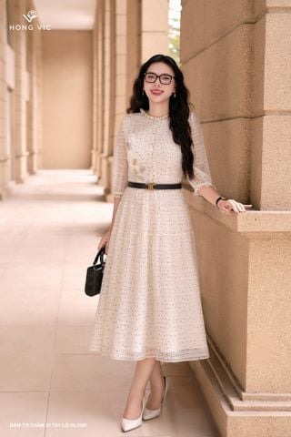 Đầm tơ chấm bi tay lỡ DL1055