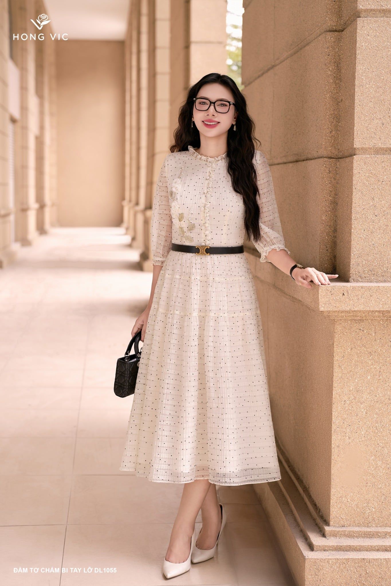 Đầm tơ chấm bi tay lỡ DL1055
