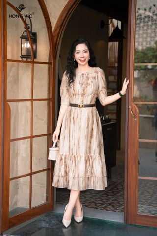 Đầm tơ họa tiết vân nâu DL1050