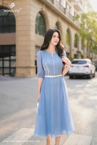 Đầm voan xanh chấm bi DL1082