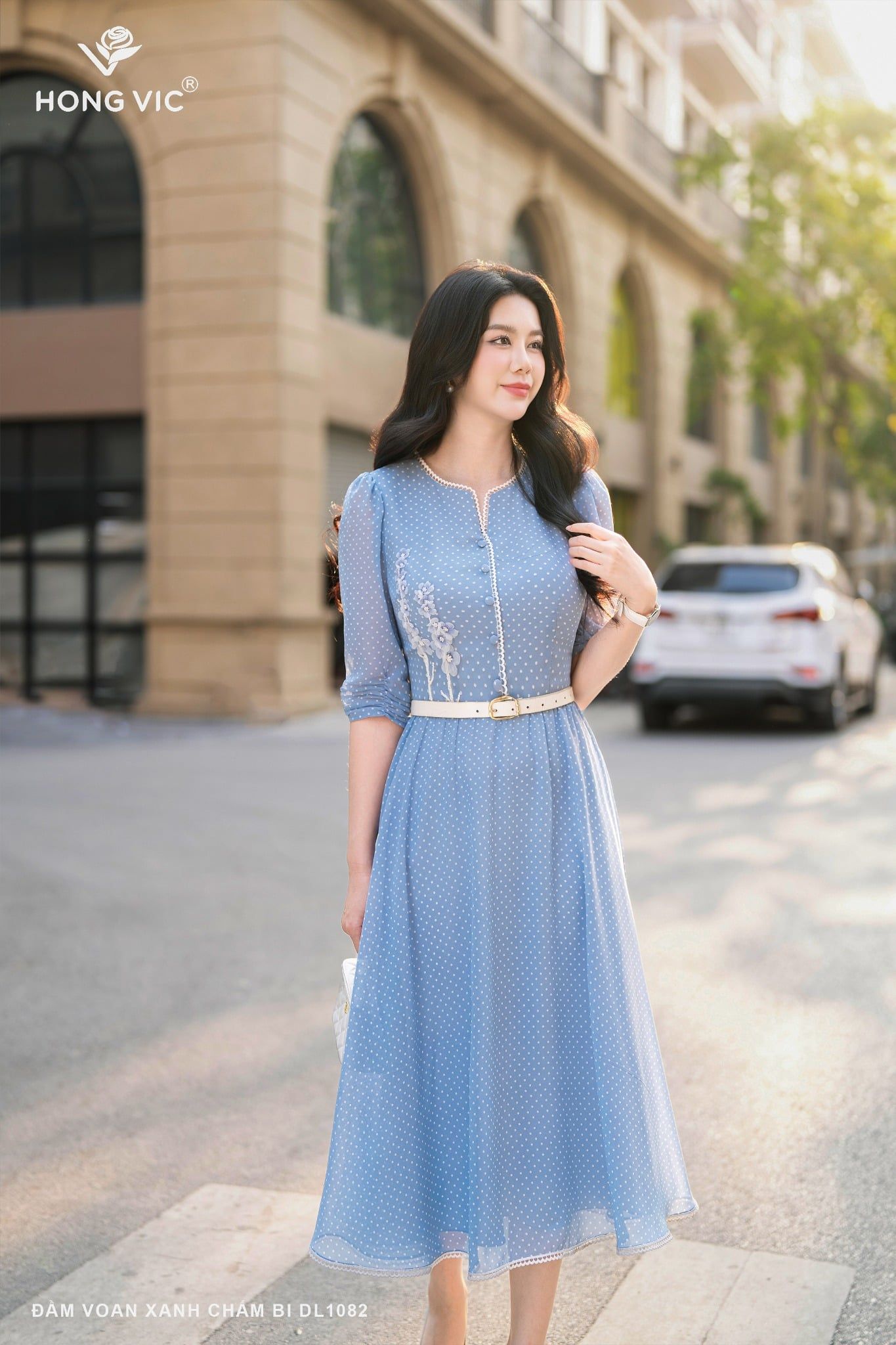 Đầm voan xanh chấm bi DL1082