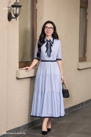 Đầm kẻ xanh cổ sen DL1048