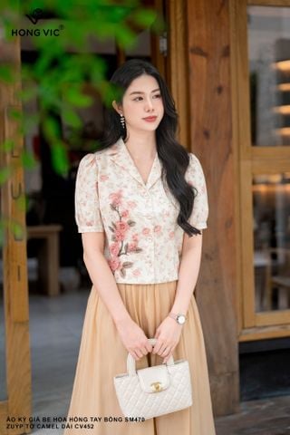 Áo ký giả be hoa hồng tay bồng SM470