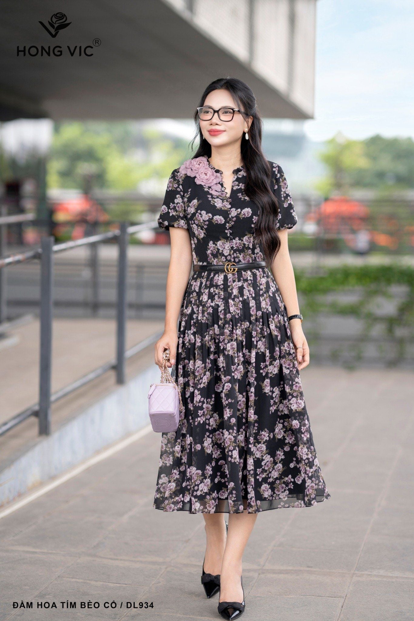 Đầm hoa tím bèo cổ DL934