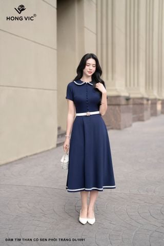 Đầm tím than cổ sen phối trắng DL1091