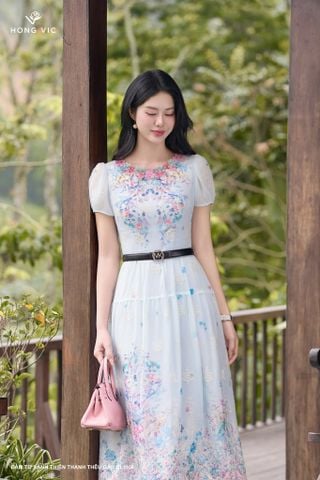 Đầm tơ xanh thiên thanh thêu gấu DL1108