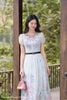 Đầm tơ xanh thiên thanh thêu gấu DL1108