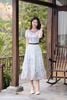 Đầm tơ xanh thiên thanh thêu gấu DL1108