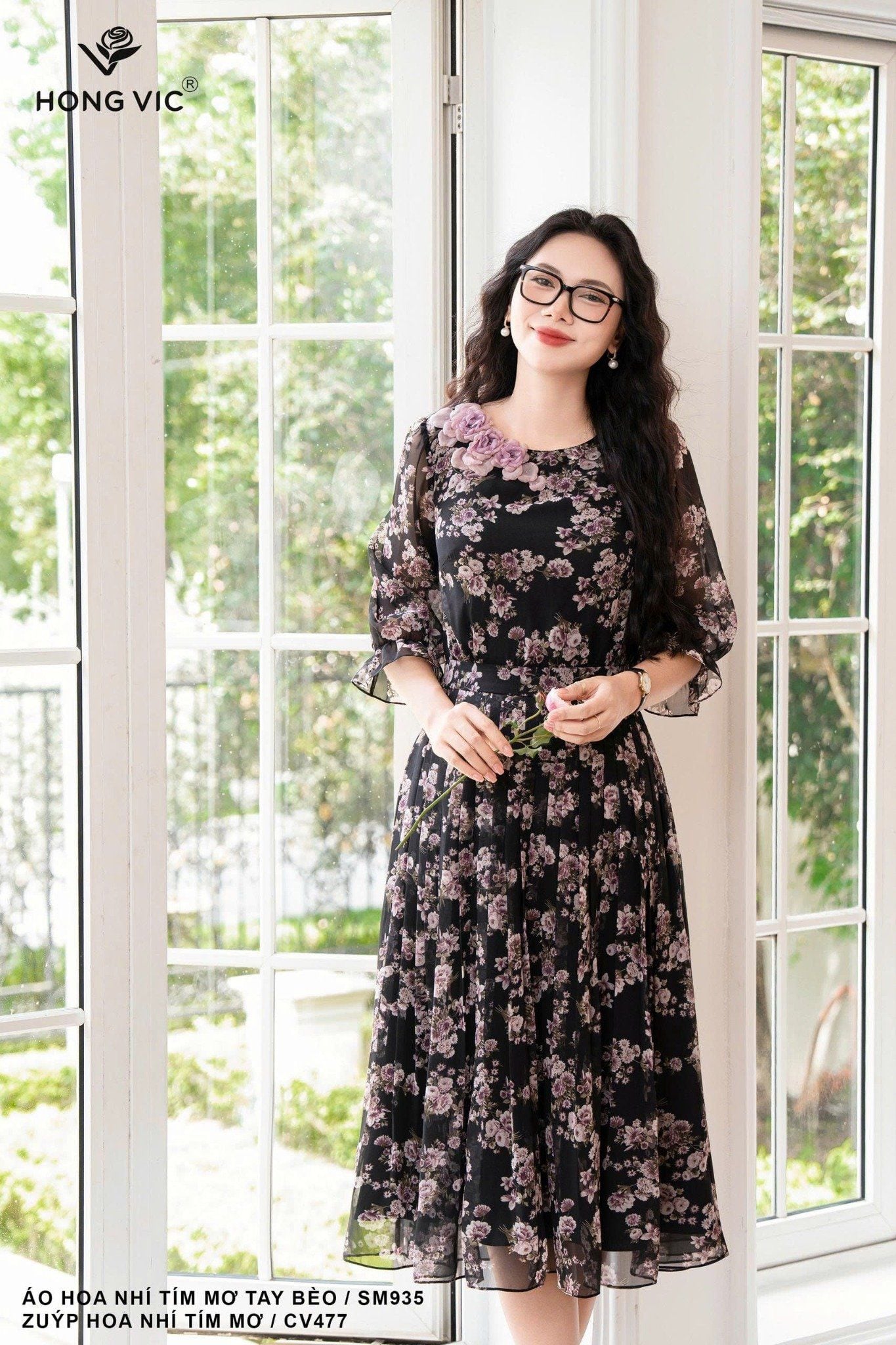 Áo hoa nhí tím mơ tay bèo SM935