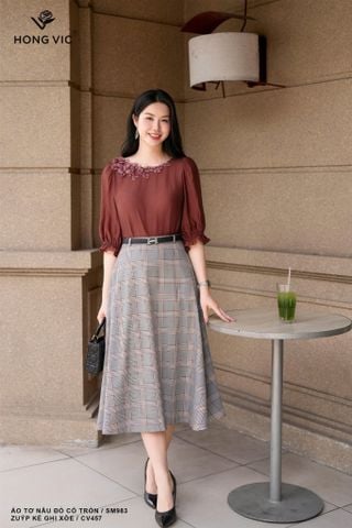Áo tơ nâu đỏ cổ tròn SM983