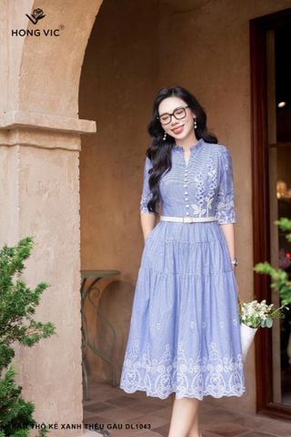 Đầm thô kẻ xanh thêu gấu DL1043