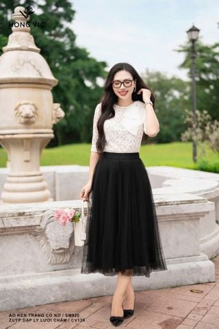 Áo ren trắng cổ nơ SM920