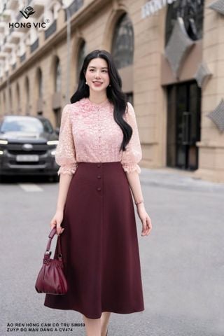 Áo ren hồng cam cổ trụ SM959