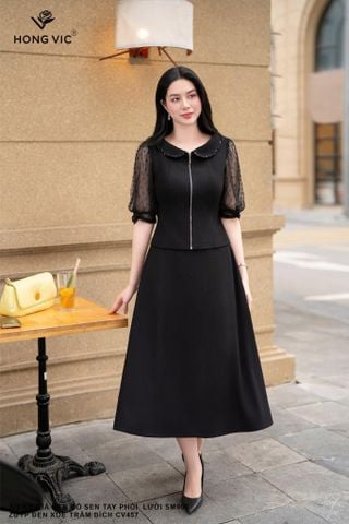 Áo ký giả đen cổ sen tay phối lưới SM905