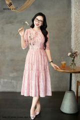 Đầm tơ hồng loang bèo cổ DL1053