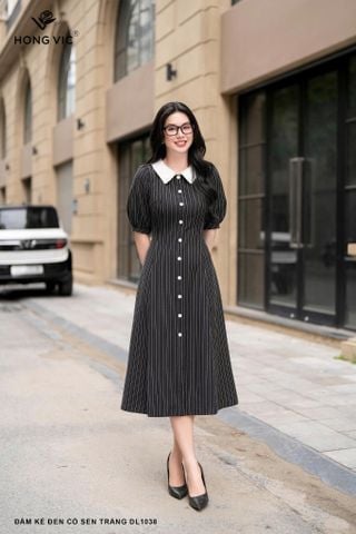 Đầm kẻ đen cổ sen trắng DL1038