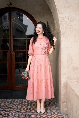 Đầm hồng cam hoa nhí DL1047