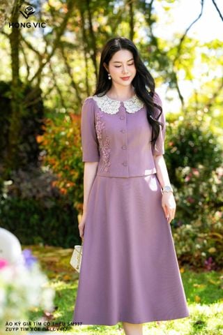 Áo ký giả tím cổ thêu SM937