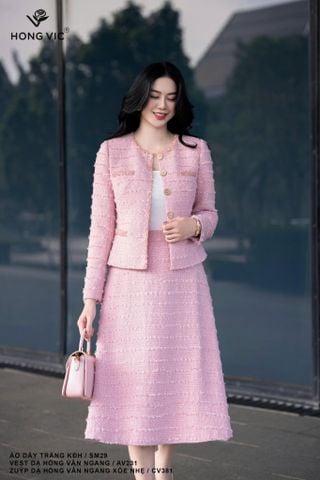 Zuýp dạ hồng vân ngang xoè nhẹ CV381