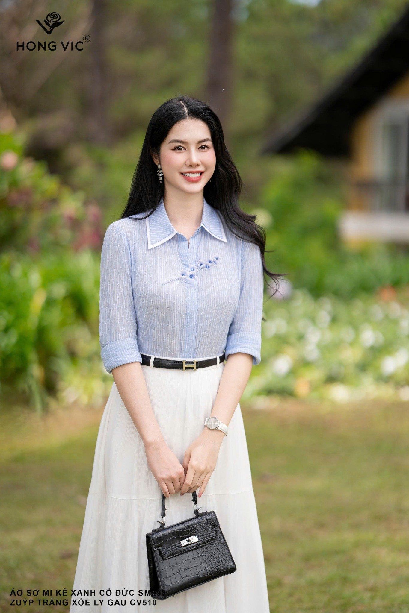 Áo sơ mi kẻ xanh cổ đức SM998