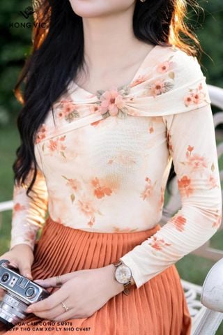Áo hoa cam cổ nơ SM978