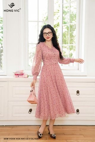 Đầm voan hoa nhí cổ V DL1026