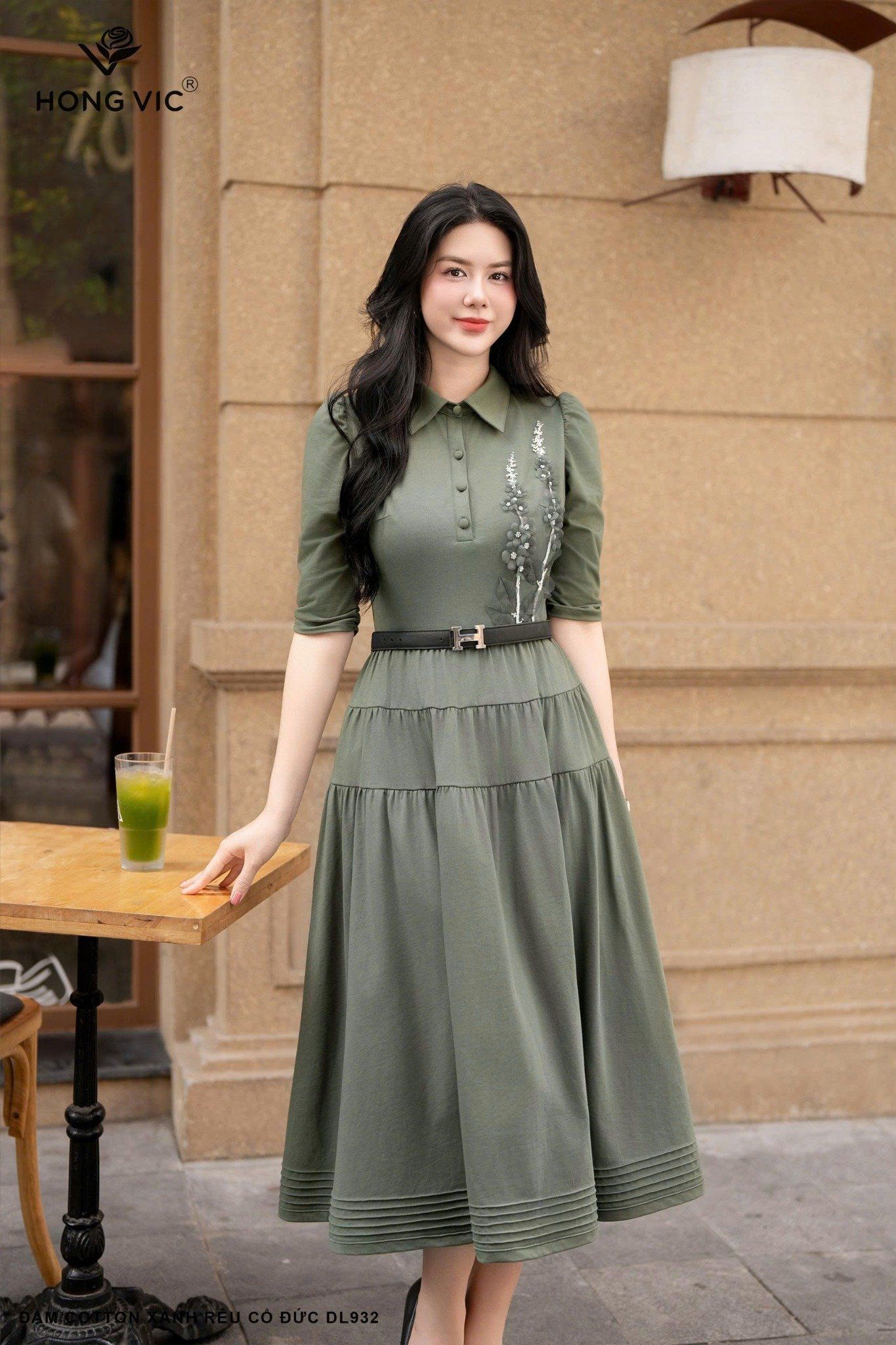 Đầm cotton xanh rêu cổ đức DL932