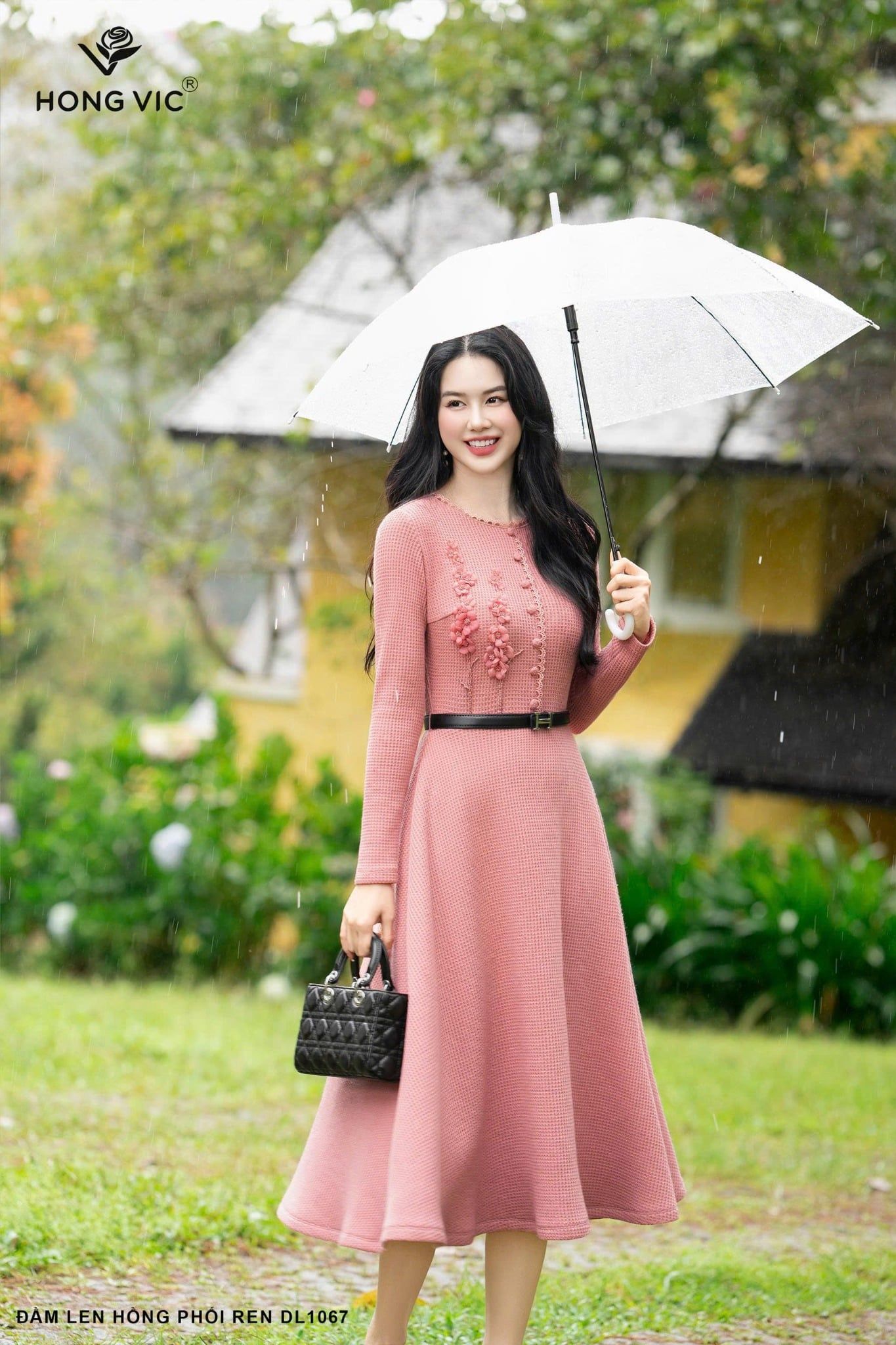 Đầm len hồng phối ren DL1067