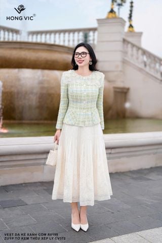 Vest dạ kẻ xanh cốm AV199