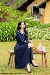 Đầm len tím than cổ phối trắng DL1064