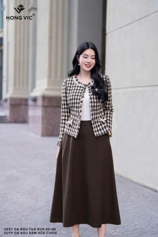 Zuýp dạ nâu đậm xòe CV534