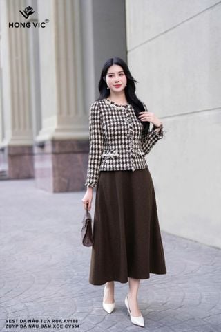 Vest dạ nâu tua rua AV188