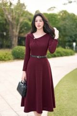 Đầm len đỏ tía cổ lệch DL1078