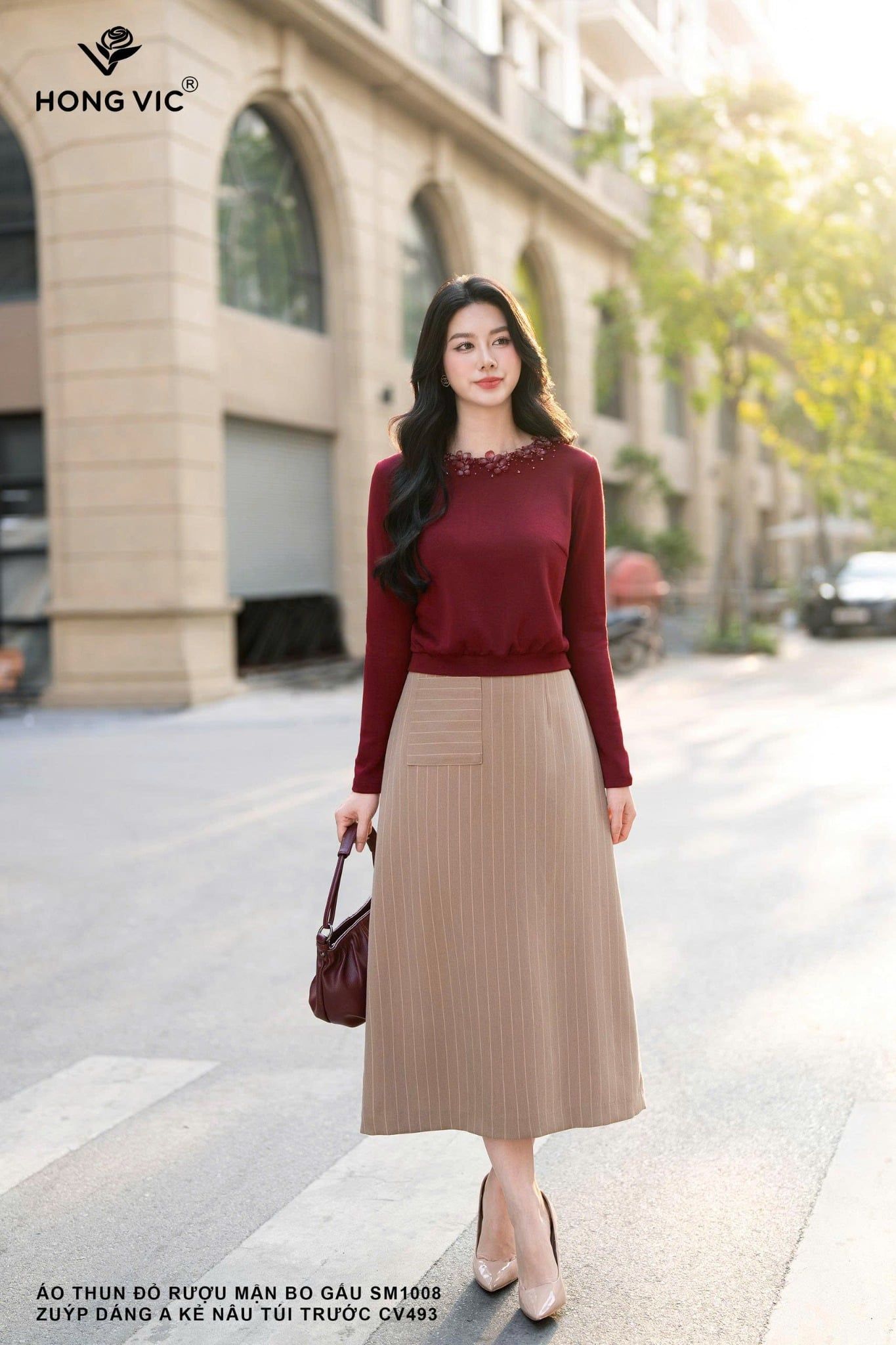 Zuýp dáng A kẻ nâu túi trước CV493