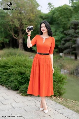 Đầm cam cổ V DL1052